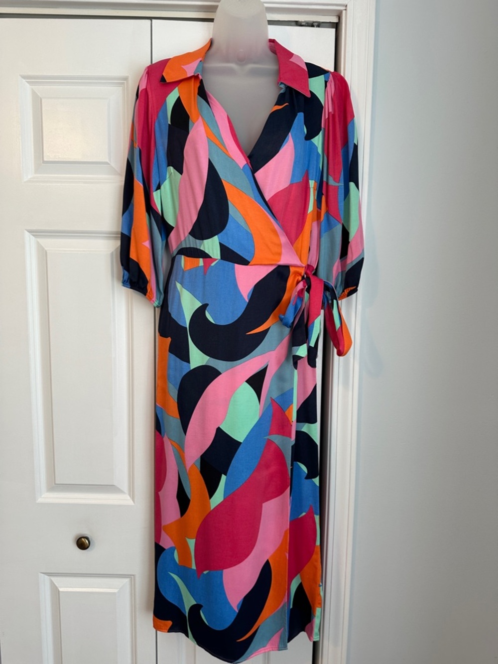 Multi-Color Abstract Wrap Dress - Vibrant Pink, Blue & Orange